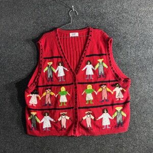 CST Women’s Large Red Paper Doll Embroidered Knit Novelty Vest